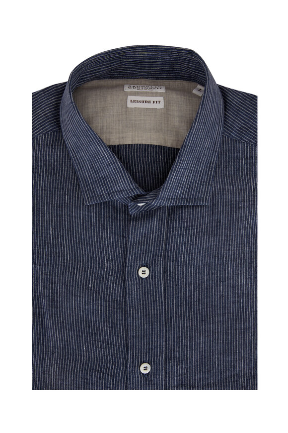 Brunello Cucinelli - Navy Blue Micro Stripe Sport Shirt