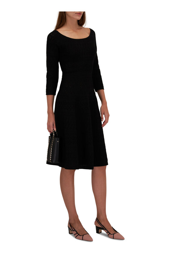 Carolina Herrera - Black Bateau Neck Knit Flare Midi Dress