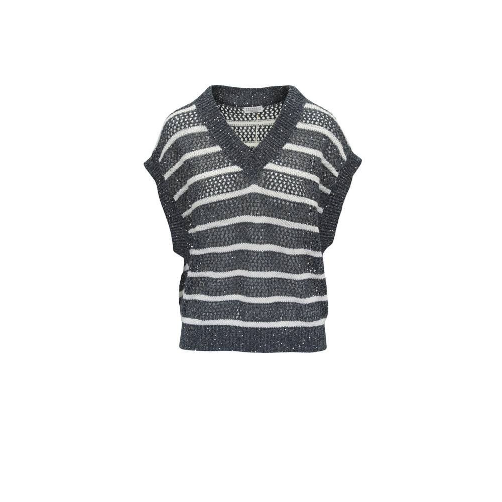 Brunello Cucinelli - Dazzling Gray & Blue Stipe Net T-Shirt