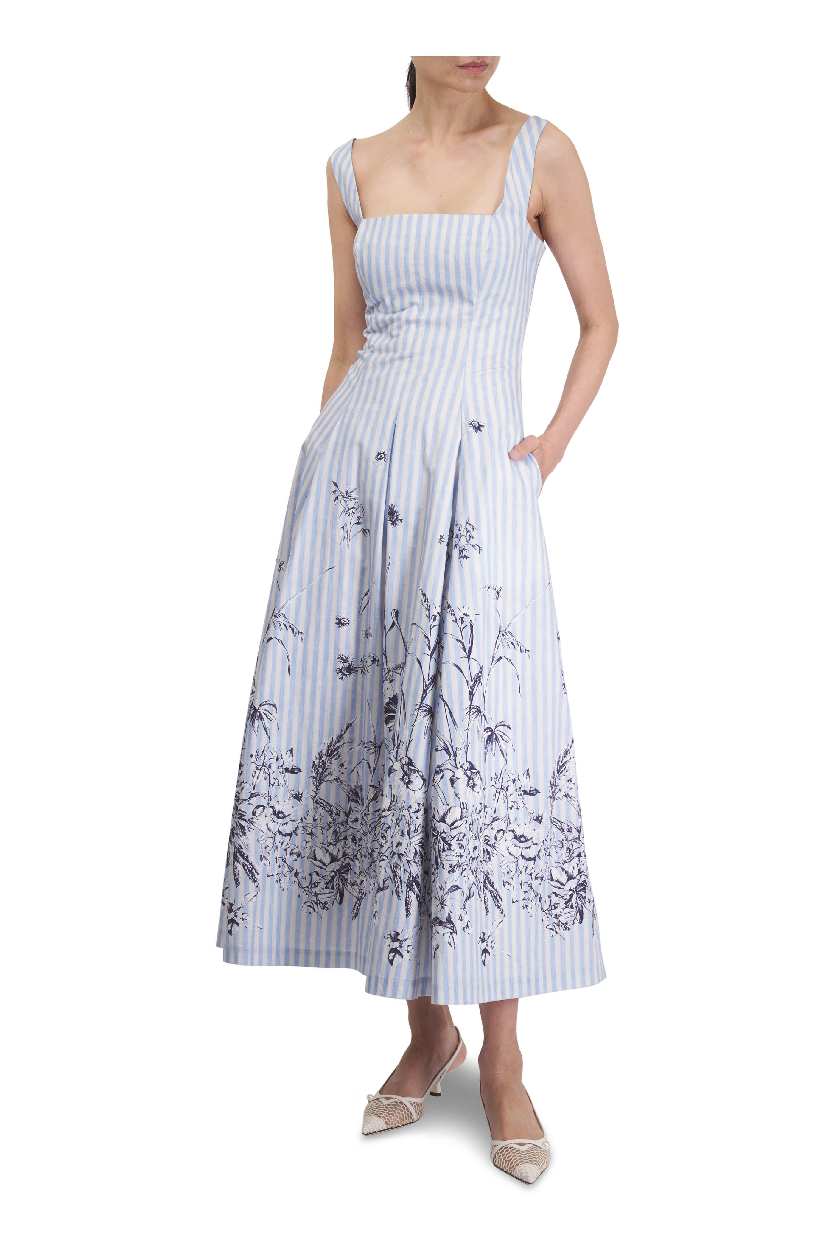 Lela Rose - Caitlin Blue & White Striped Printed Poplin Dress