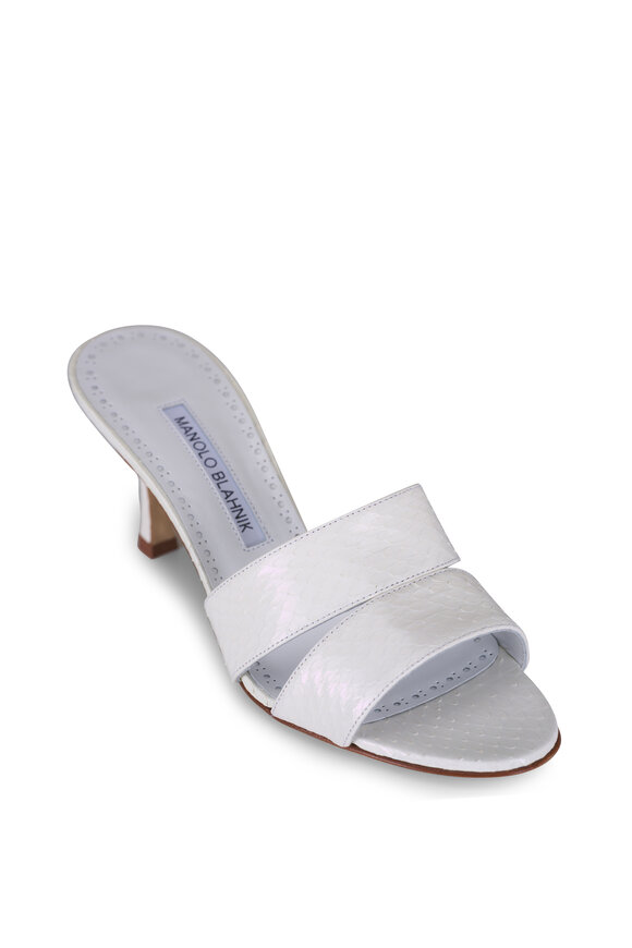 Manolo Blahnik Iacopo White Elaphe Sandal, 70mm