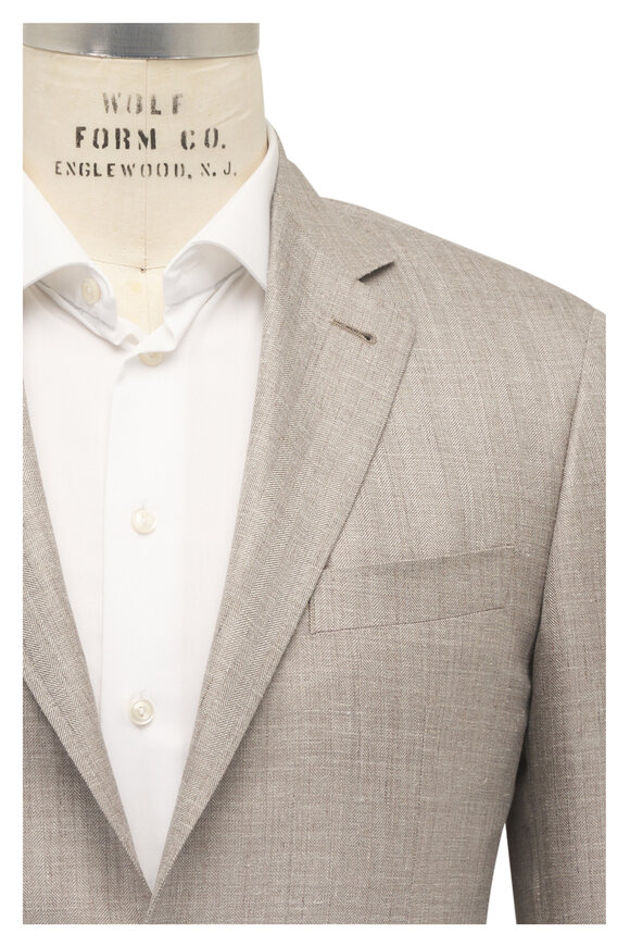 Canali Beige Chevron Wool, Silk & Linen Sportcoat