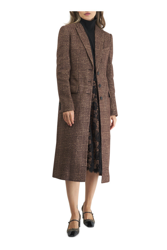 Michael Kors Collection - Chocolate Glenplaid Shaped Reefer Long Coat 