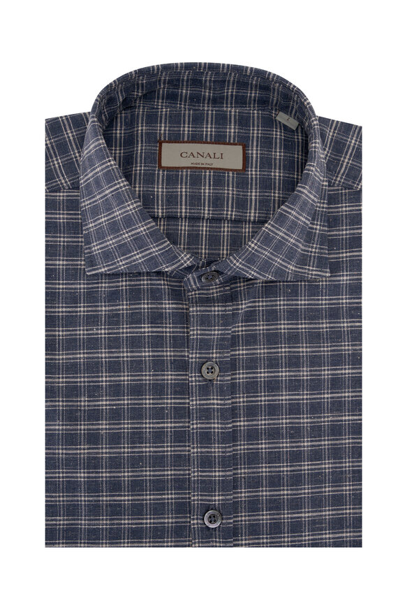 Canali - Blue & Oat Windowpane Check Flannel Sport Shirt 