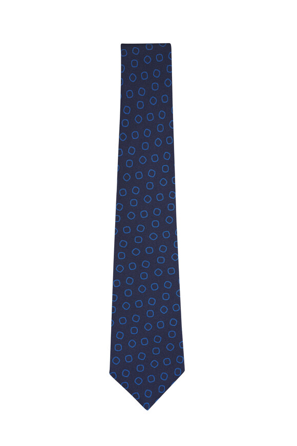 Kiton Navy Blue Circle Print Silk Necktie - view 1