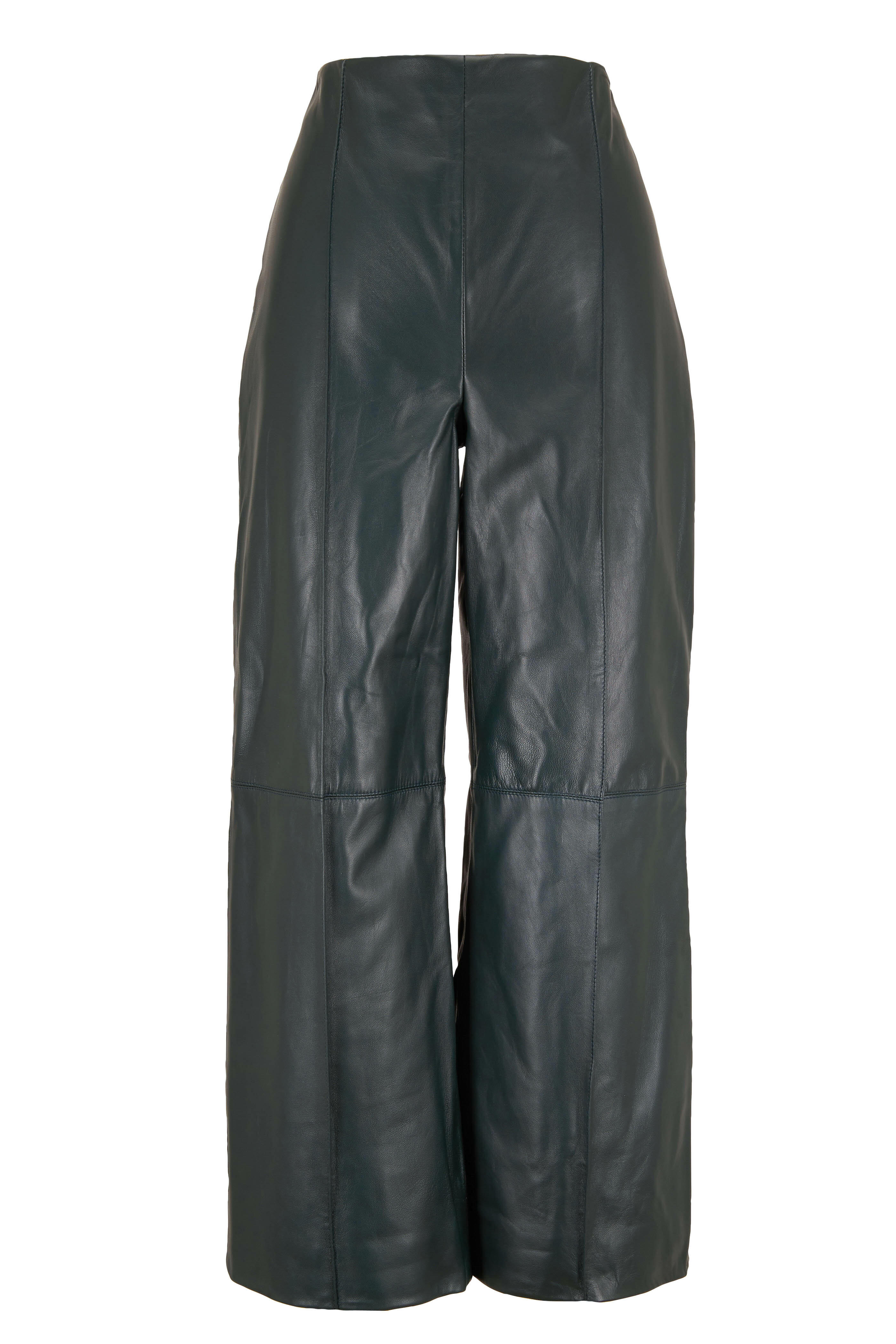 Oscar de la Renta - Hunter Green Leather Wide Leg Crop Pant