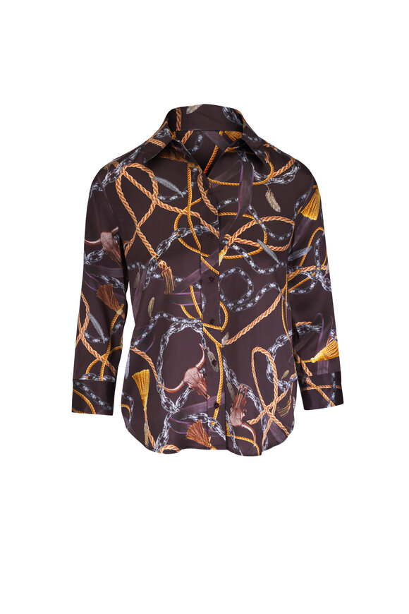 L'Agence Dani Coffee Bean Multi Western Chain Silk Blouse