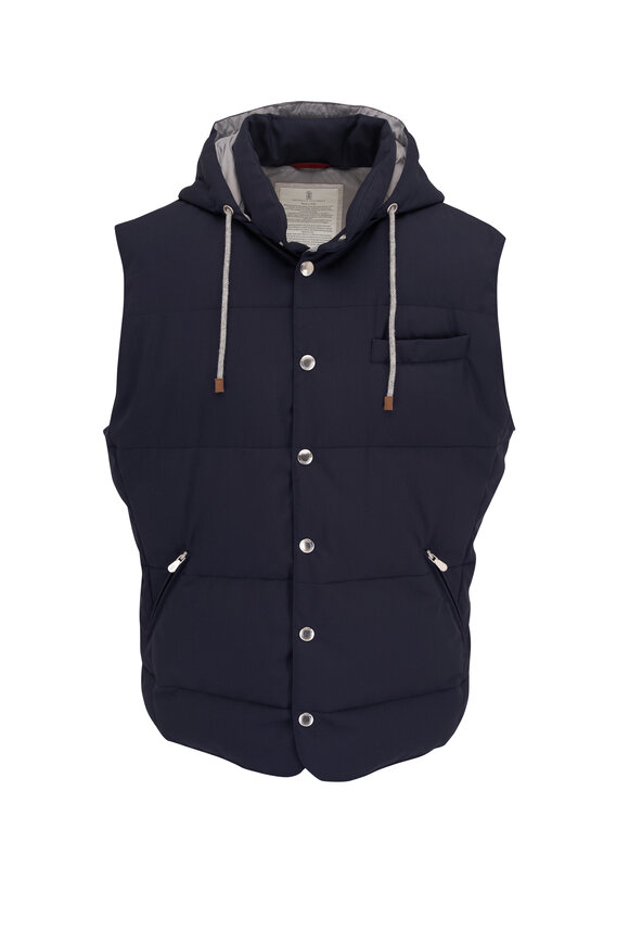 Brunello Cucinelli Navy Blue Wool Quilted Down Hooded Vest