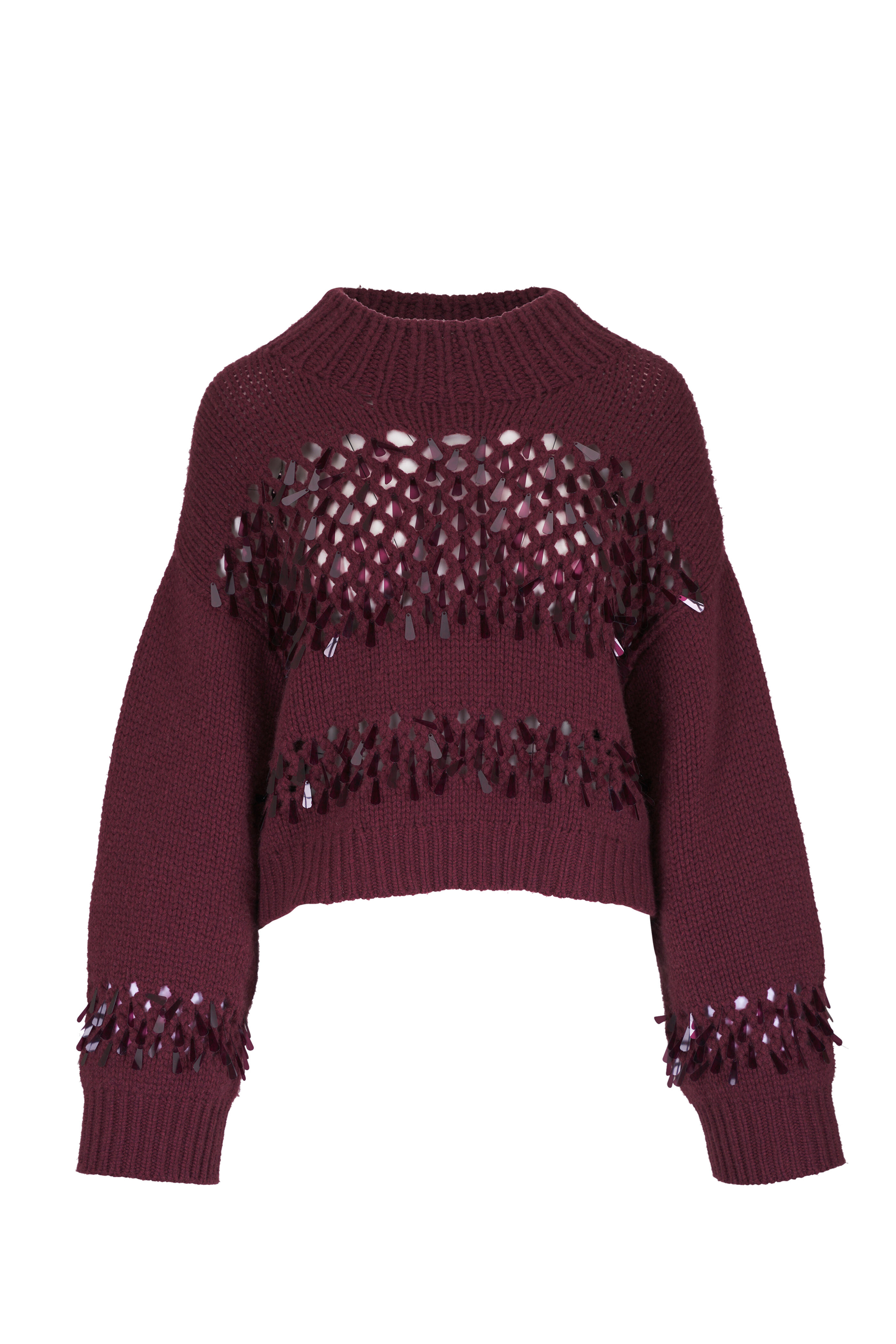 Brunello Cucinelli - Burgundy Cashmere Drop Paillette Knit Sweater