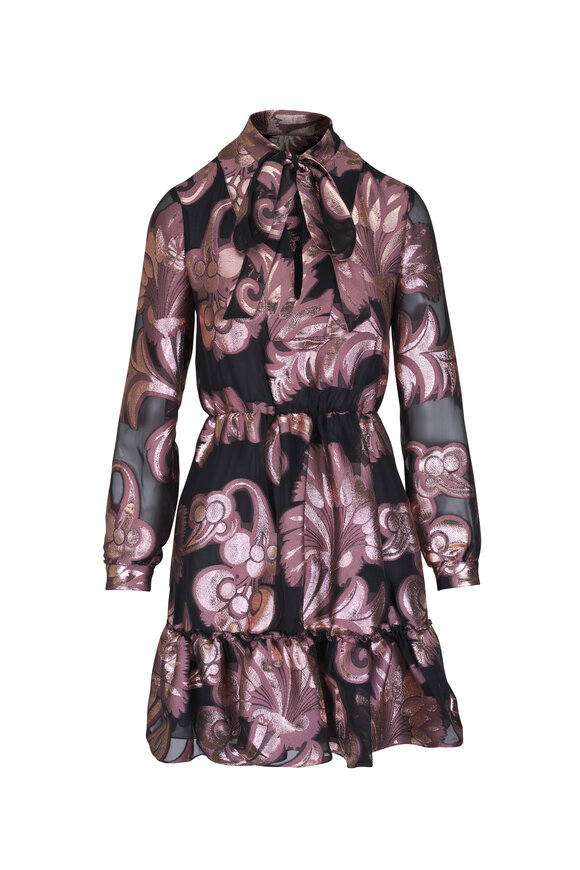 Etro Black & Pink Metallic Print Tie Neck Dress