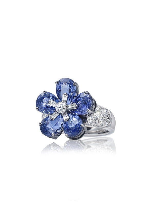 Nam Cho 18k White Gold Blue Sapphire Georgian Rose Ring