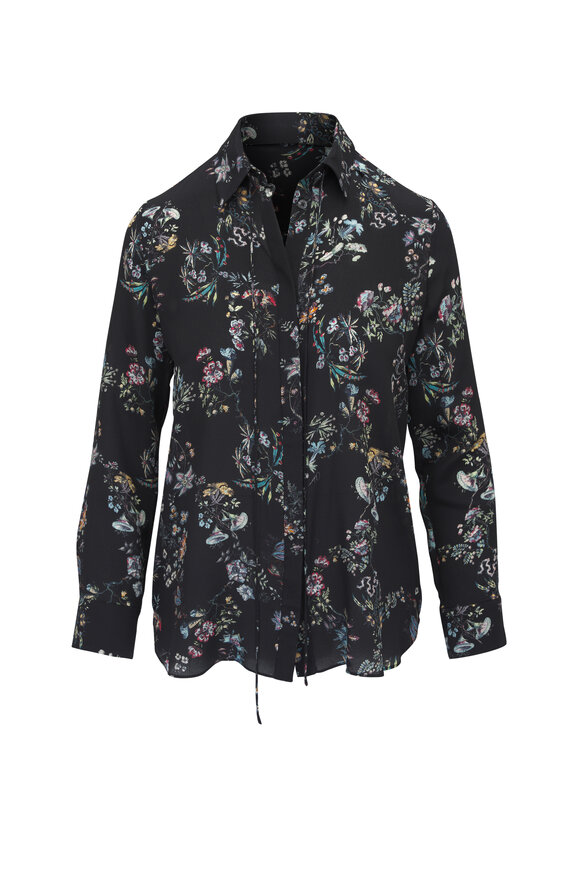 Adam Lippes Black Floral Print Thin Bow Silk Shirt