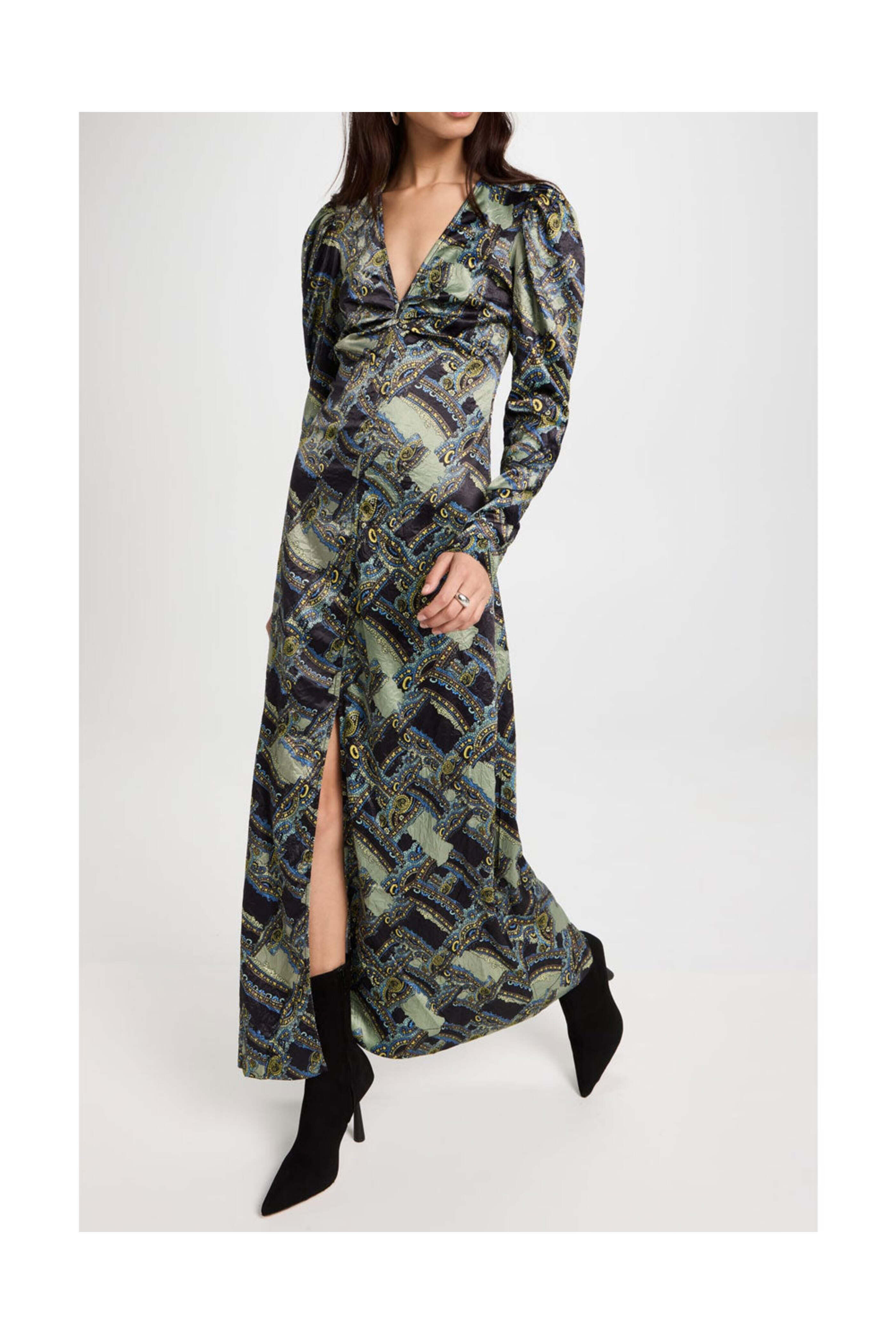 Ganni - Paisley Weave Black Crinkled Satin Maxi Dress