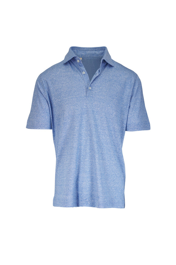 Maurizio Baldassari Light Blue & White Mélange Linen & Cotton Polo