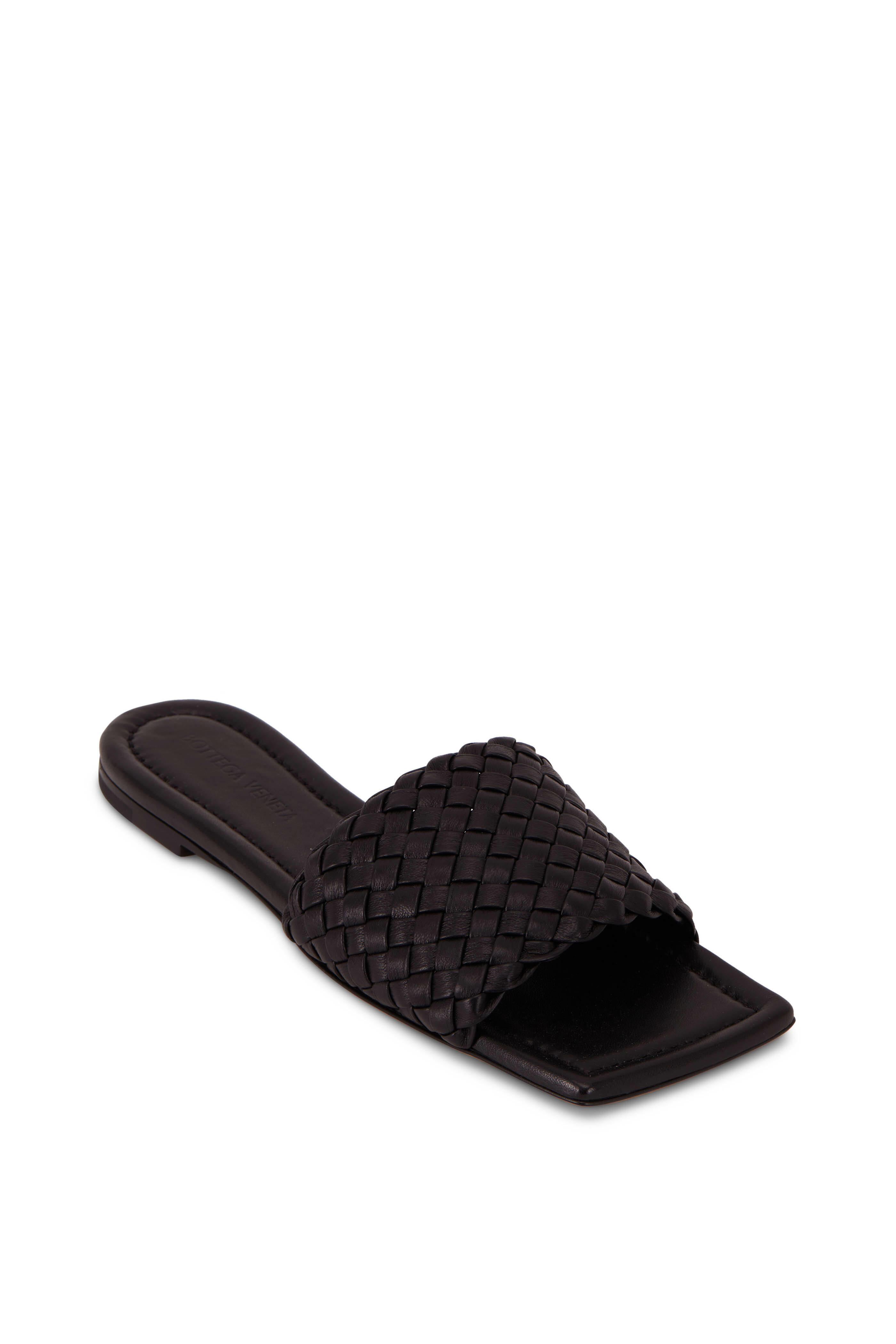 Bottega Veneta - Black Small Weave Leather Flat Slide