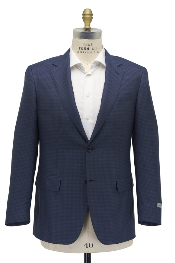 Canali - Blue Microcheck Wool & Silk Suit