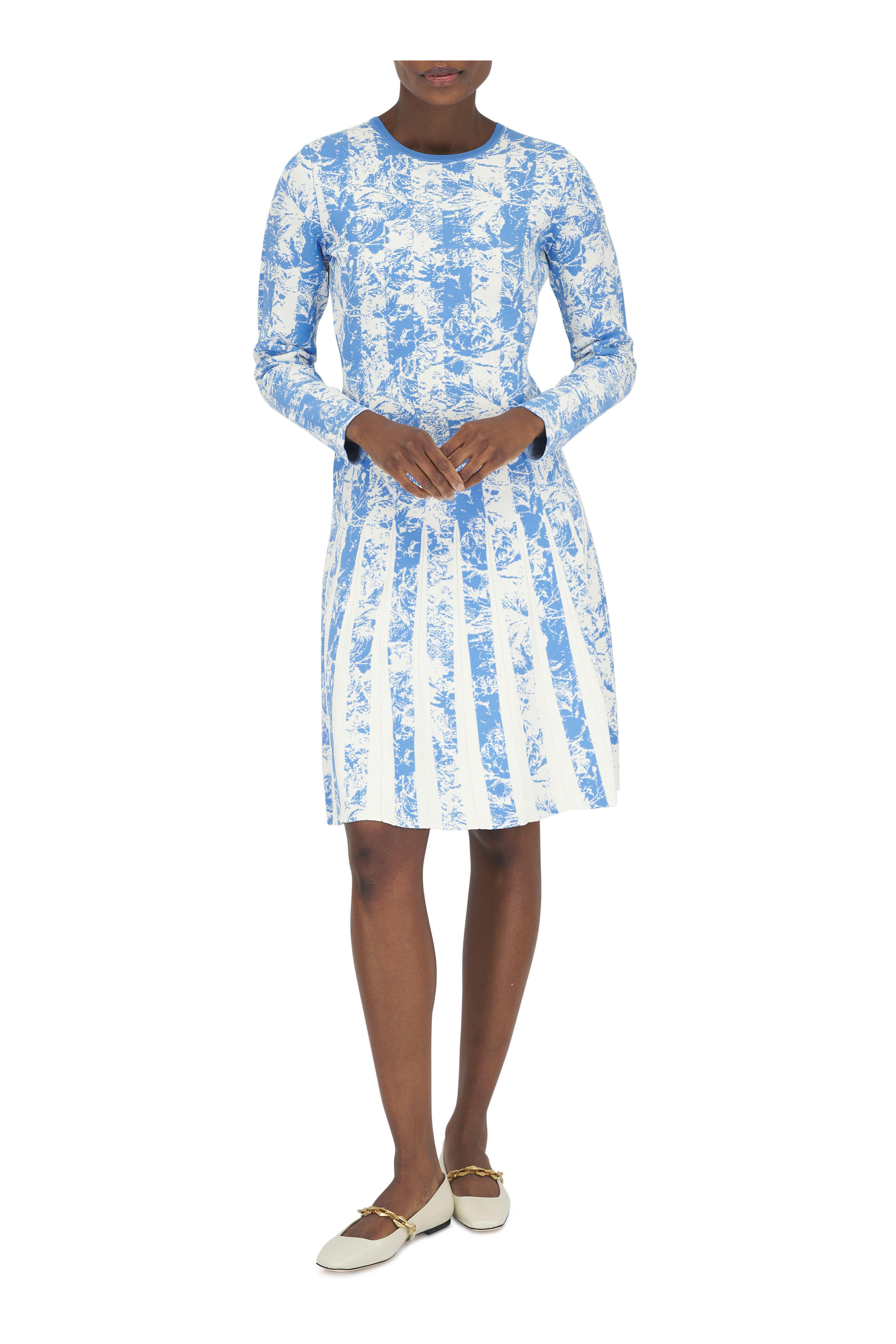 Lela Rose - Oxford Blue Jacquard Knit Pleated Dress