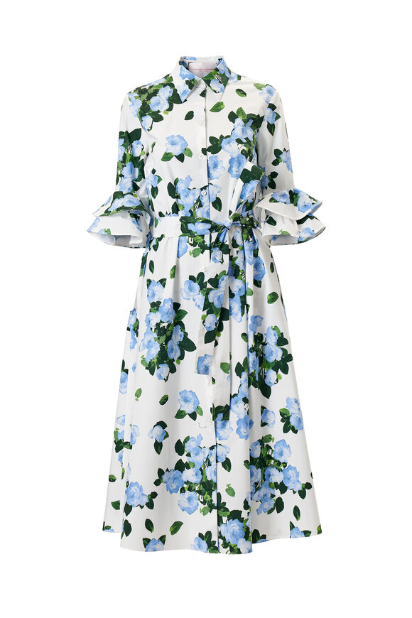 Carolina Herrera White & Blue Multi Rose Print Shirtdress - view 6