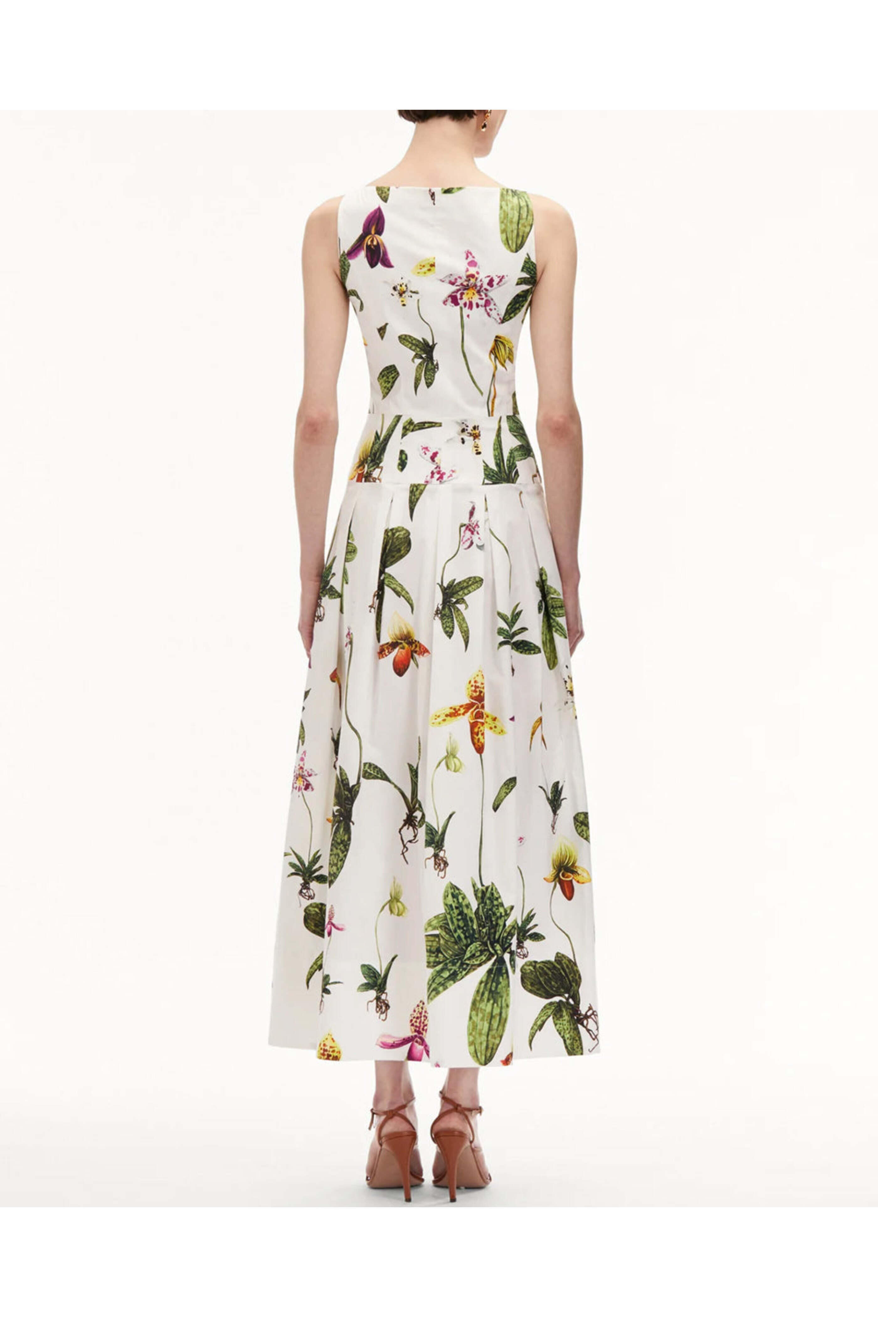 Oscar de la Renta - White Orchid Print Zip Front Midi Dress