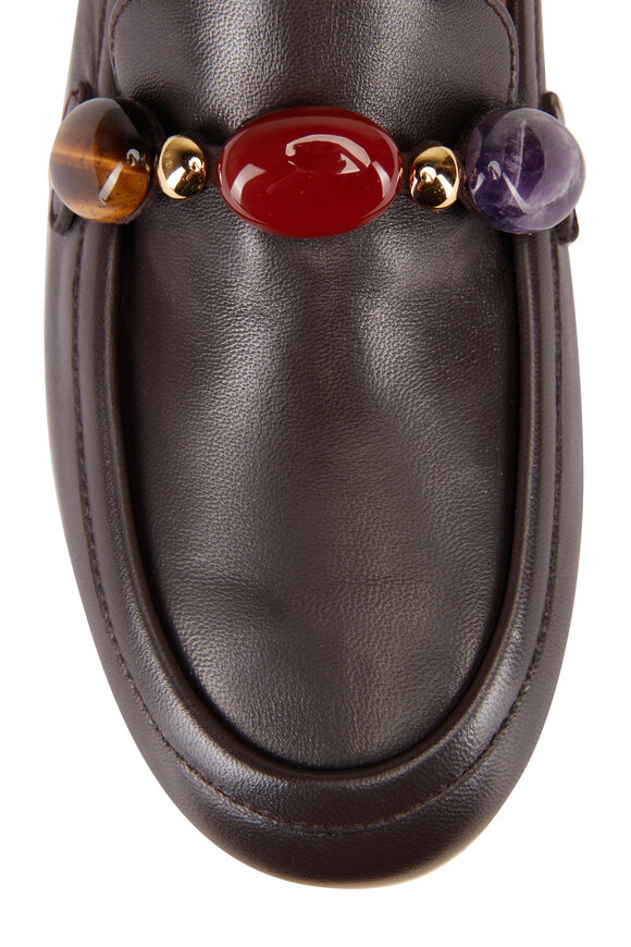 Gianvito Rossi Mocha Leather Gemstone Embellished Loafer - view 4