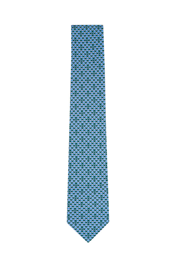Ferragamo Blue & Green Heart Print Silk Necktie