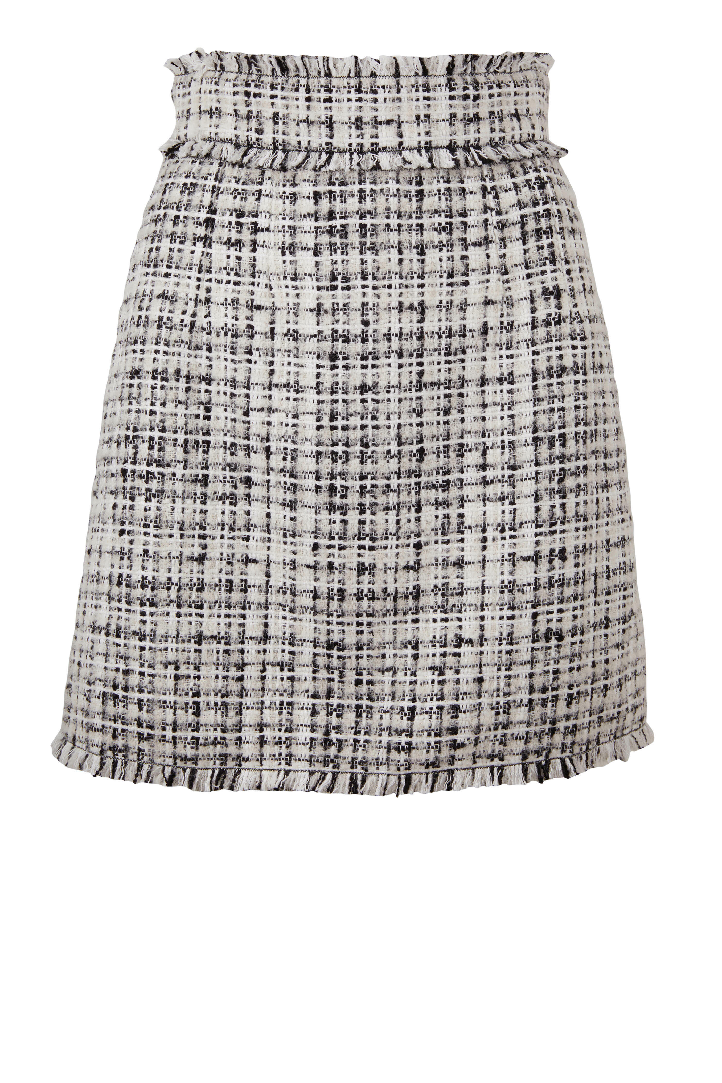 Short raschel tweed A-line skirt with bejeweled buttons in