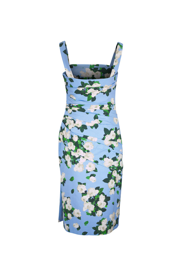 Carolina Herrera Cloud Blue & White Rose Print Draped Midi Dress - view 5
