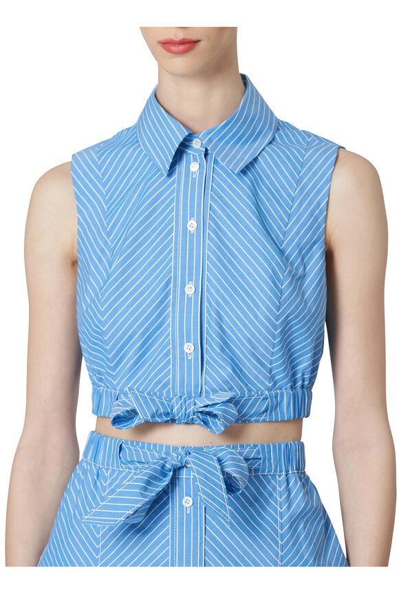 Carolina Herrera - Blue & White Striped Cotton Front Tie Top 