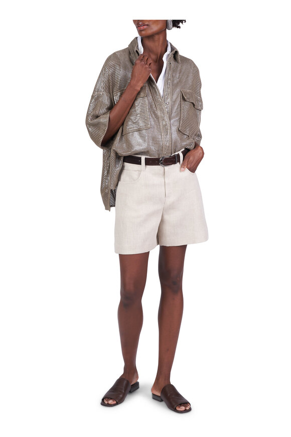 Brunello Cucinelli Beige Cotton & Linen Herringbone Shorts - view 2