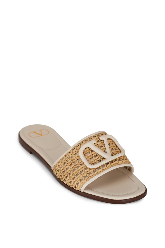 Valentino Garavani - Natural Raffia & Ivory Leather VLogo Flat Slide