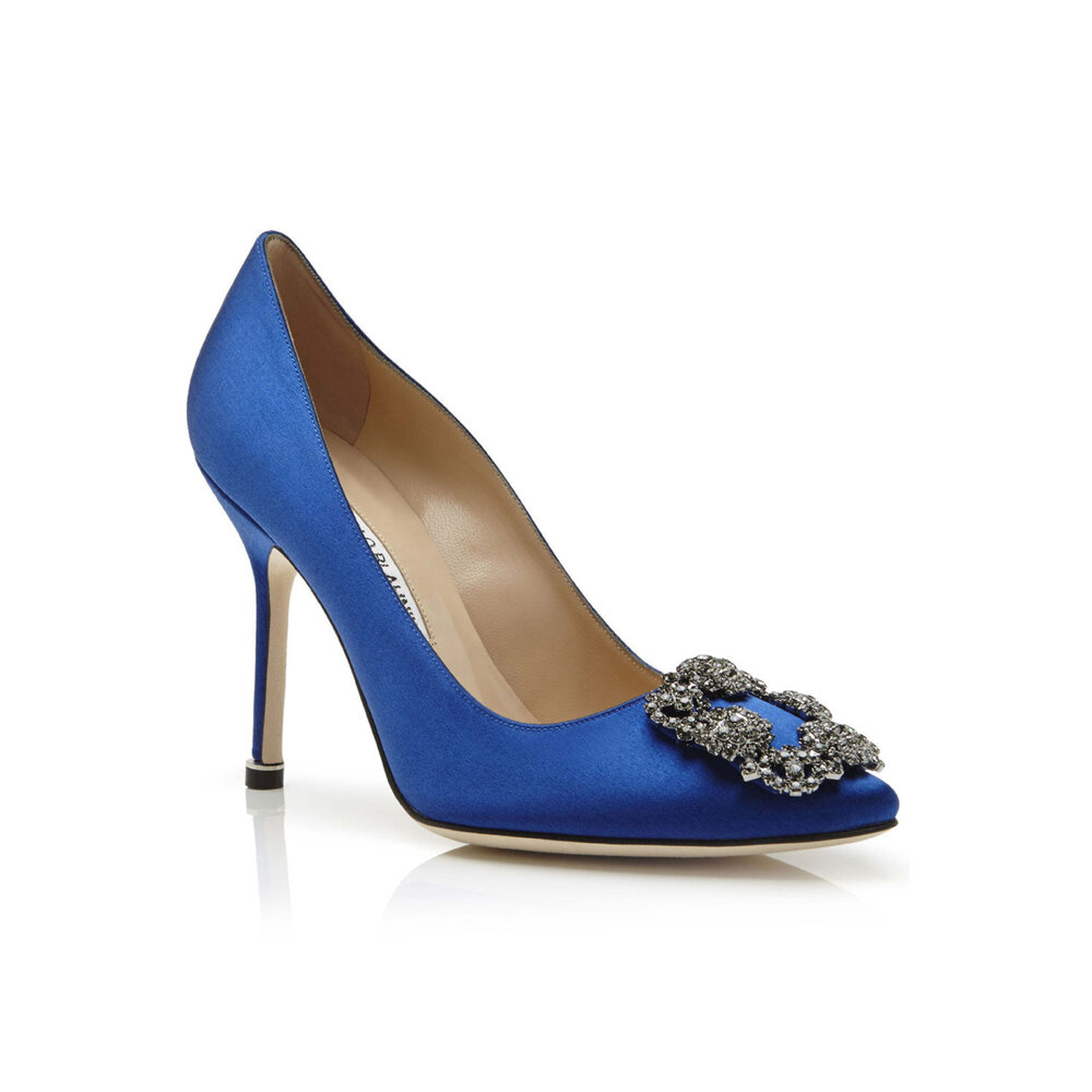Manolo Blahnik Hangisi Blue Satin Jewel Buckle Pump