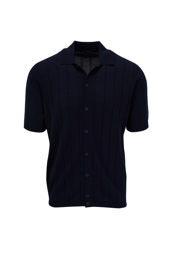 Patrick Assaraf - Dark Blue Button Down Short Sleeve Sweater 