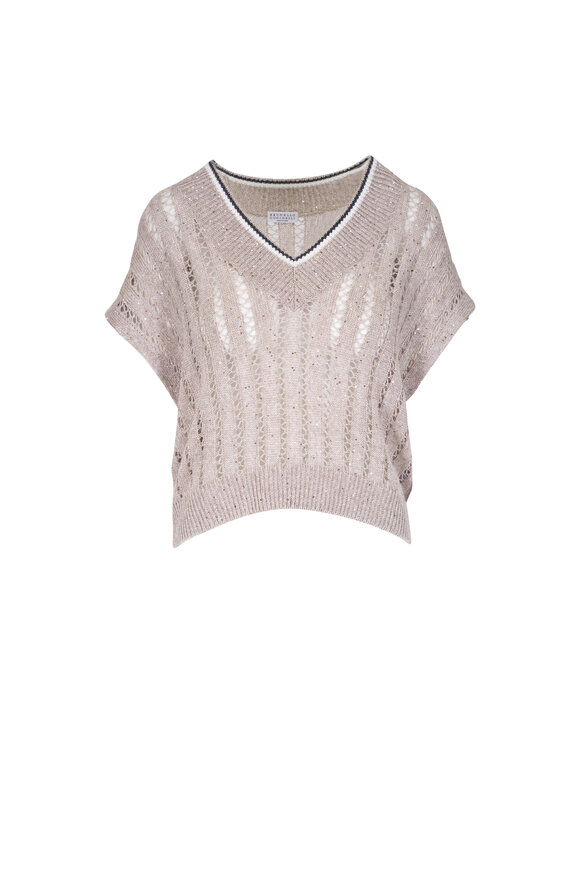 Brunello Cucinelli Dazzling Cool Beige Net Knit T-Shirt