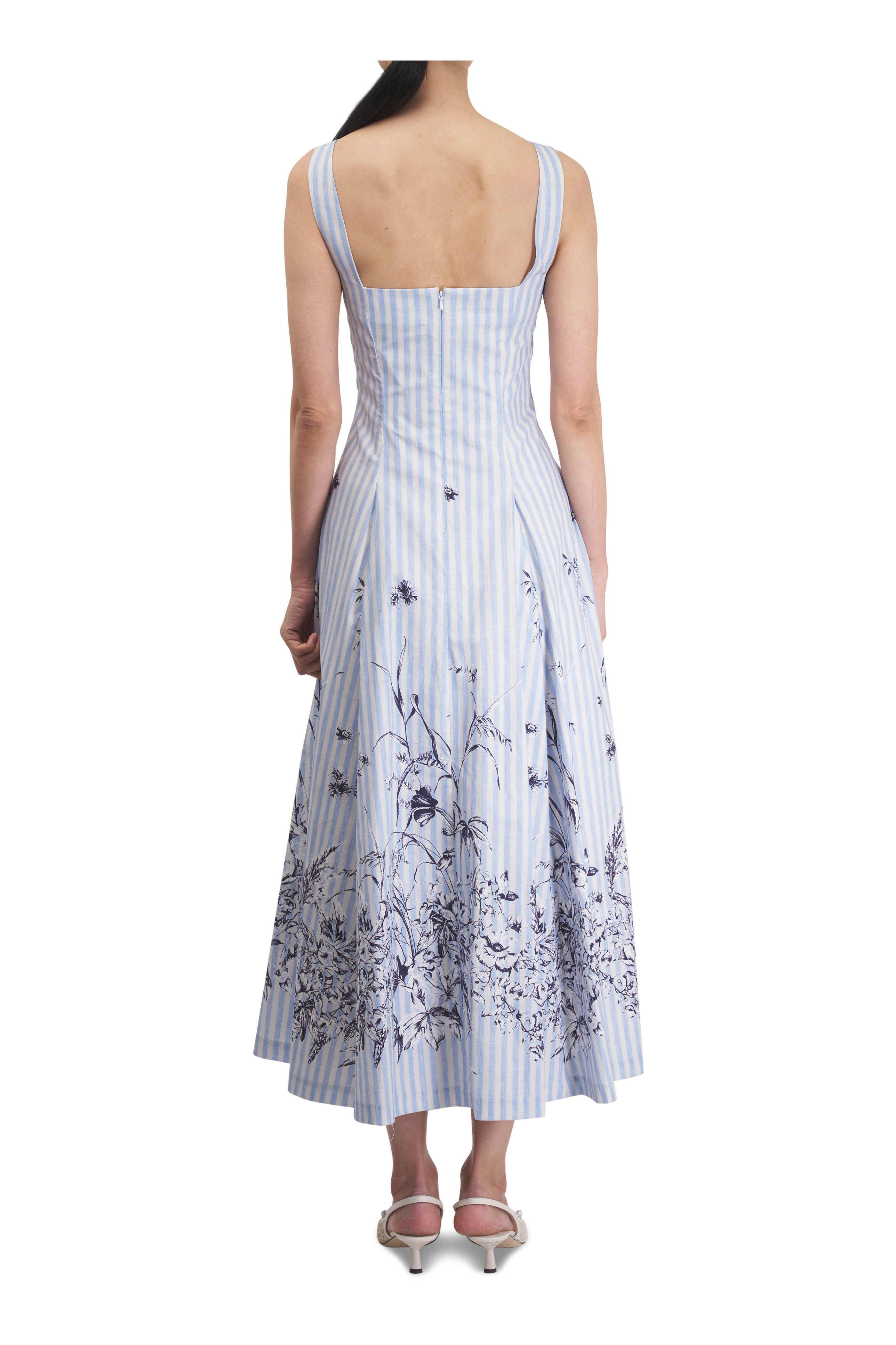 Lela Rose - Caitlin Blue & White Striped Printed Poplin Dress
