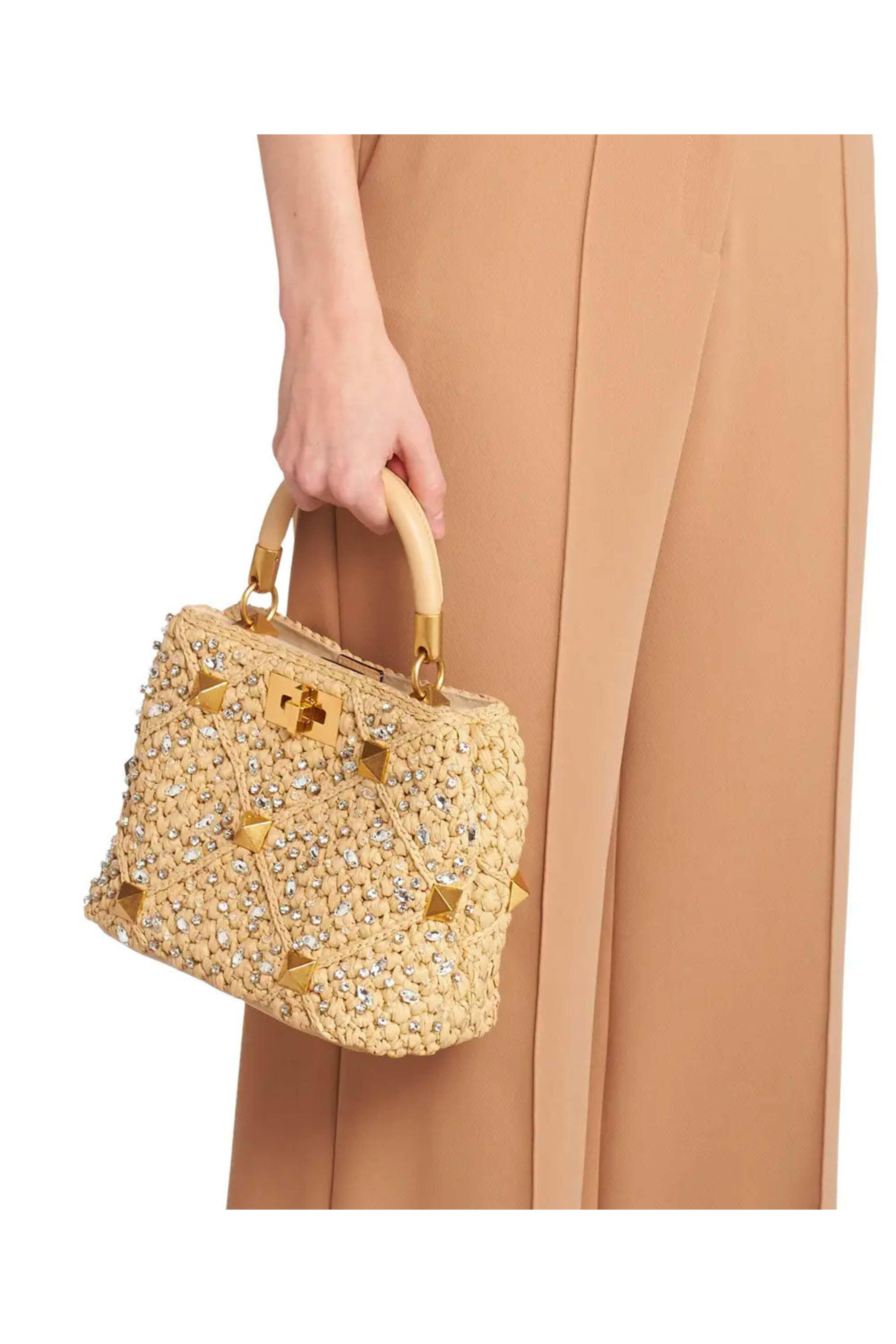 Valentino Garavani - Raffia Small Roman Stud Bag in Natural Crystal