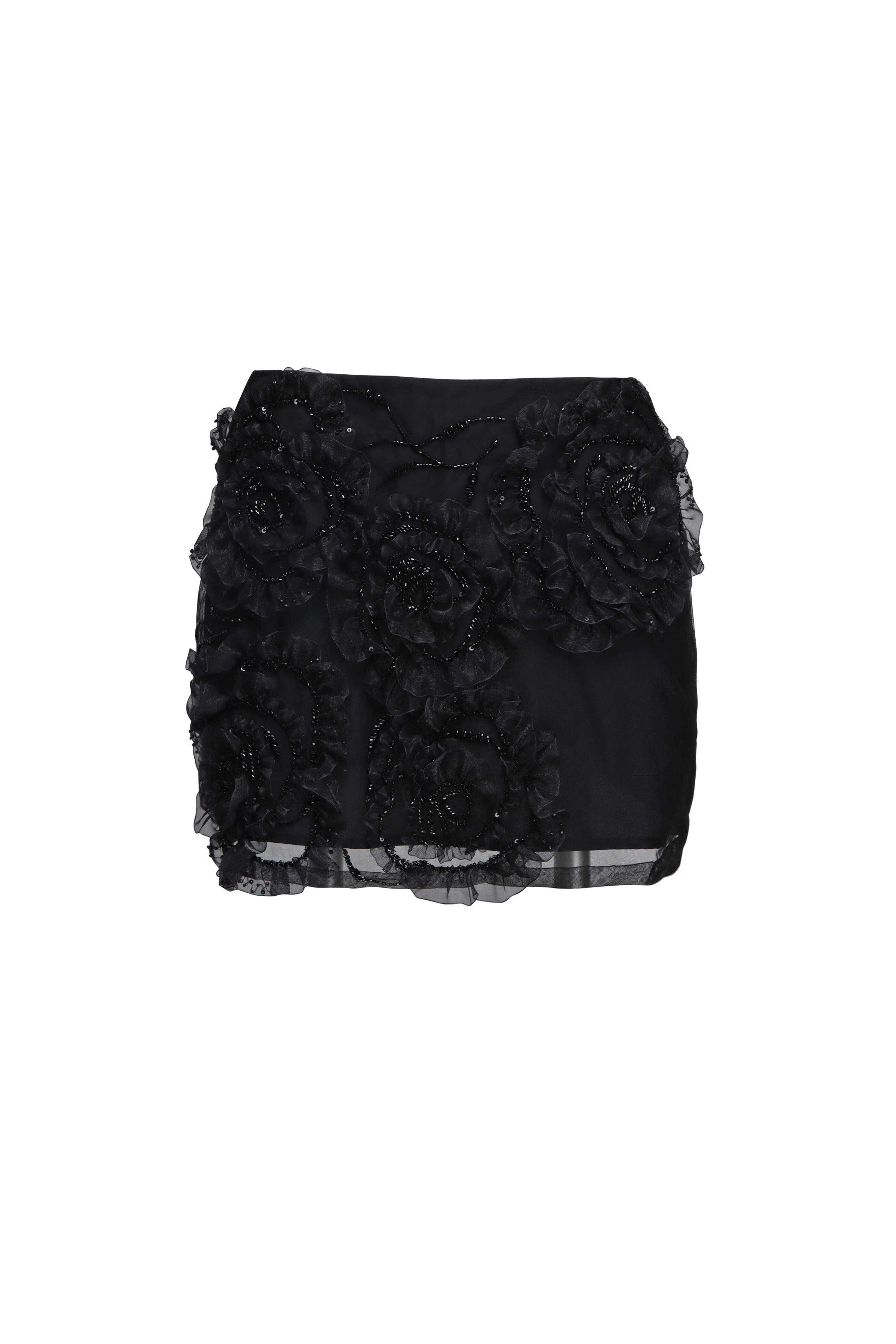 Des Phemmes - Black Beaded Floral Applique Mini Skirt