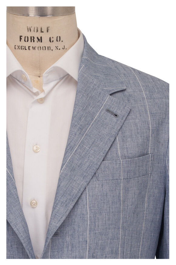 Brunello Cucinelli Light Blue & White Stripe Linen Sportcoat 