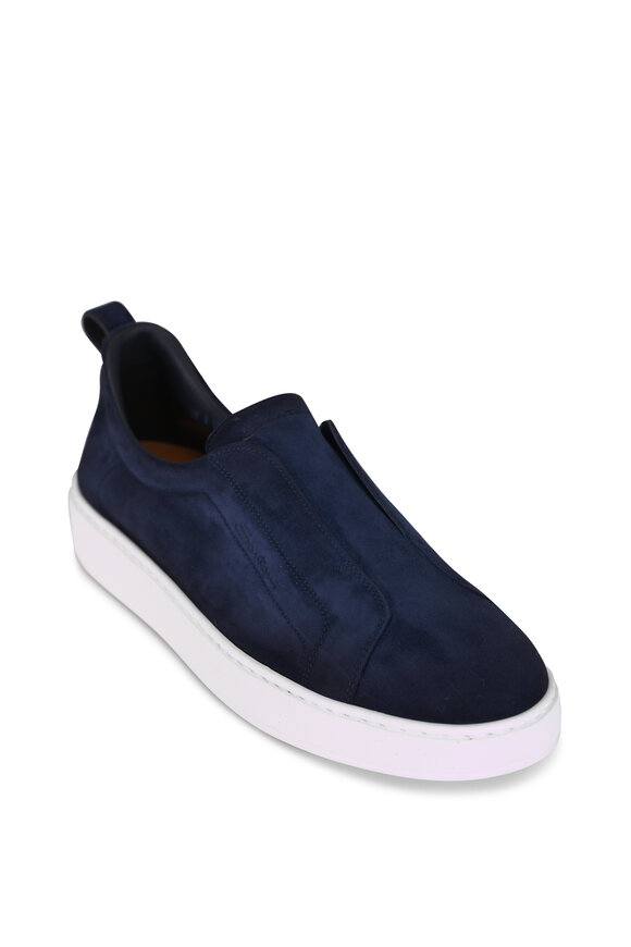 Santoni Victory Navy Blue Suede Mid Top Slip On Shoe - view 1