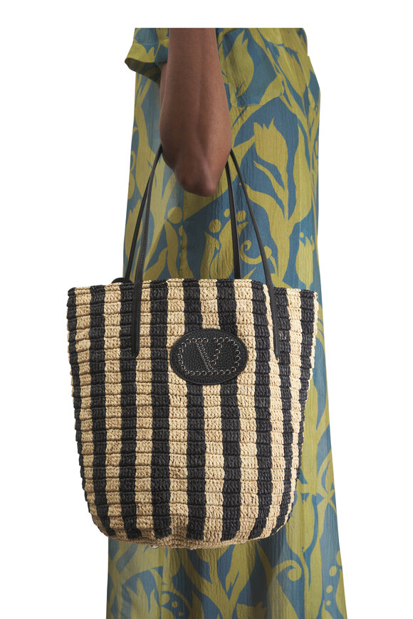 Valentino Garavani VLogo Natural & Black Stripe Raffia Shopping Bag - view 2