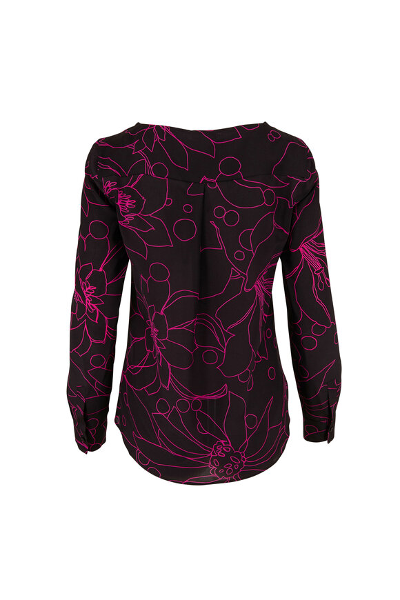 Akris Punto - Black & Neon Pink Floral Print Silk Blouse