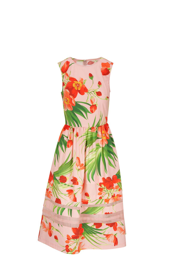 Carolina Herrera - Shell Pink Multi Floral A-Line Midi Dress 