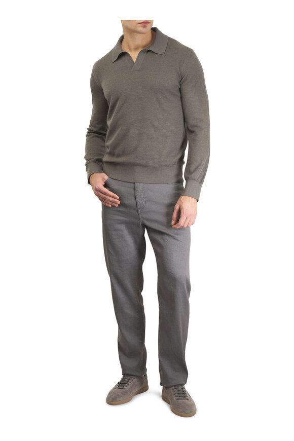 Zegna Dark Taupe Silk & Cashmere Johnny Collar Polo - view 2