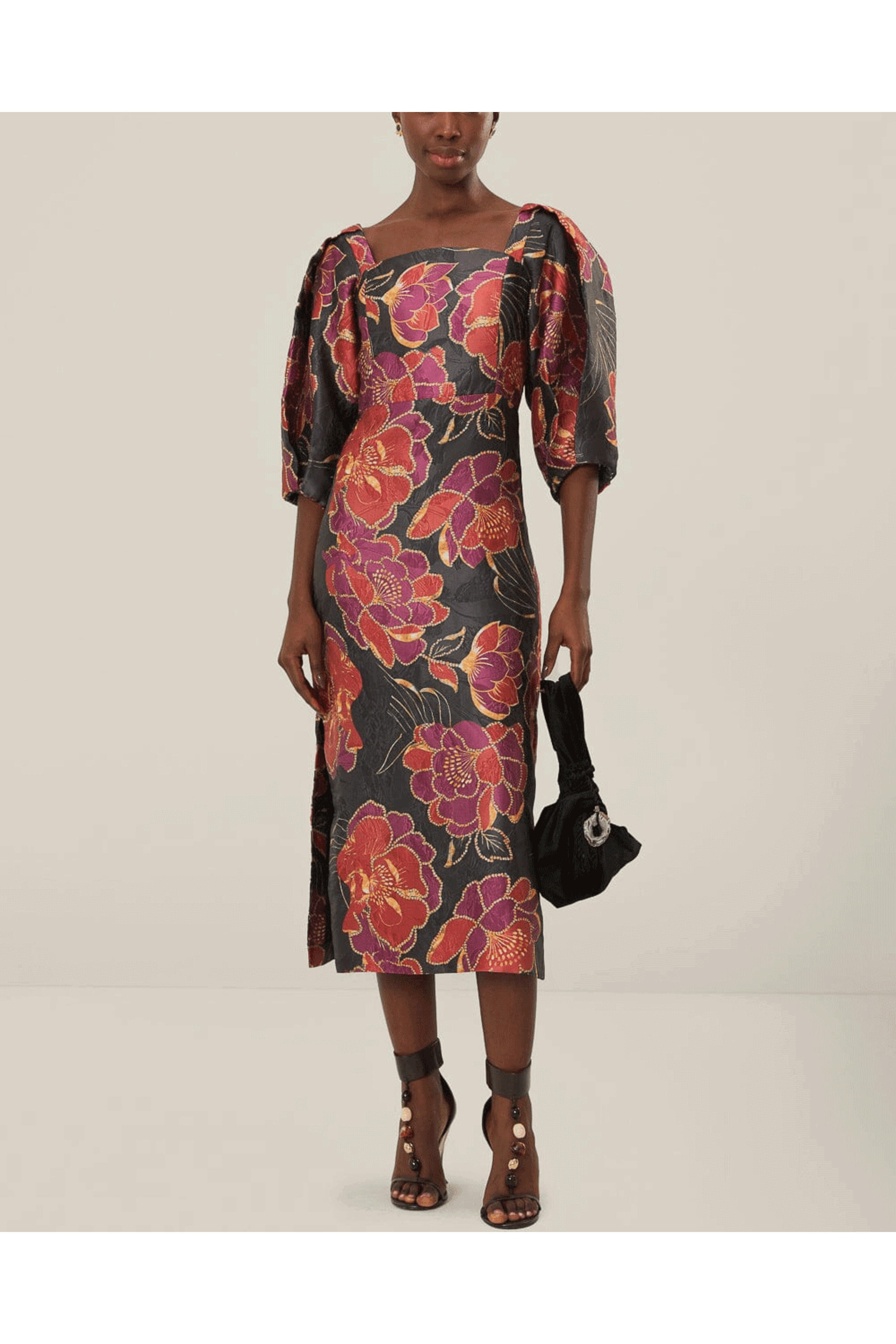 Farm Rio - Shiny Chita Black Shorts Sleeve Midi Dress