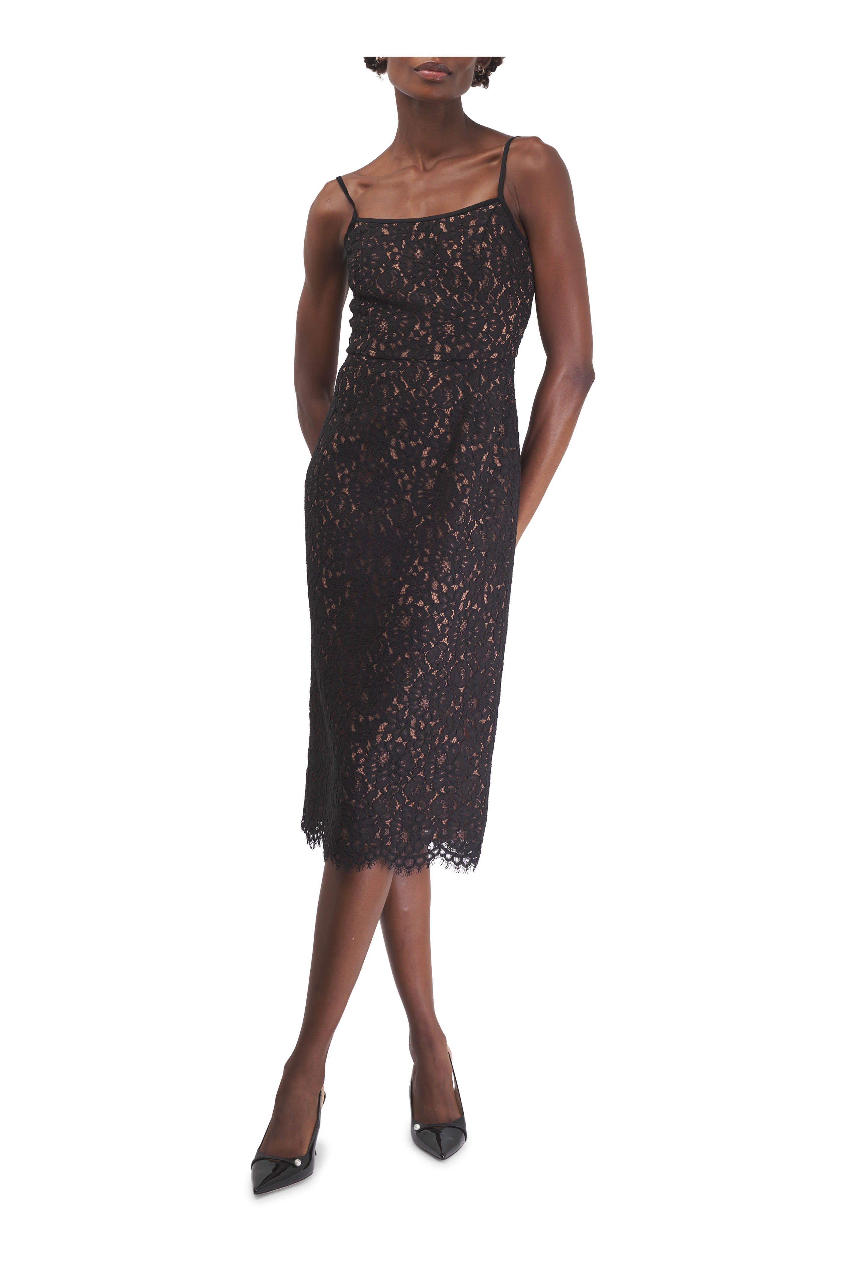 Michael Kors Collection - Lace Spaghetti Strap Black Slip Midi Dress