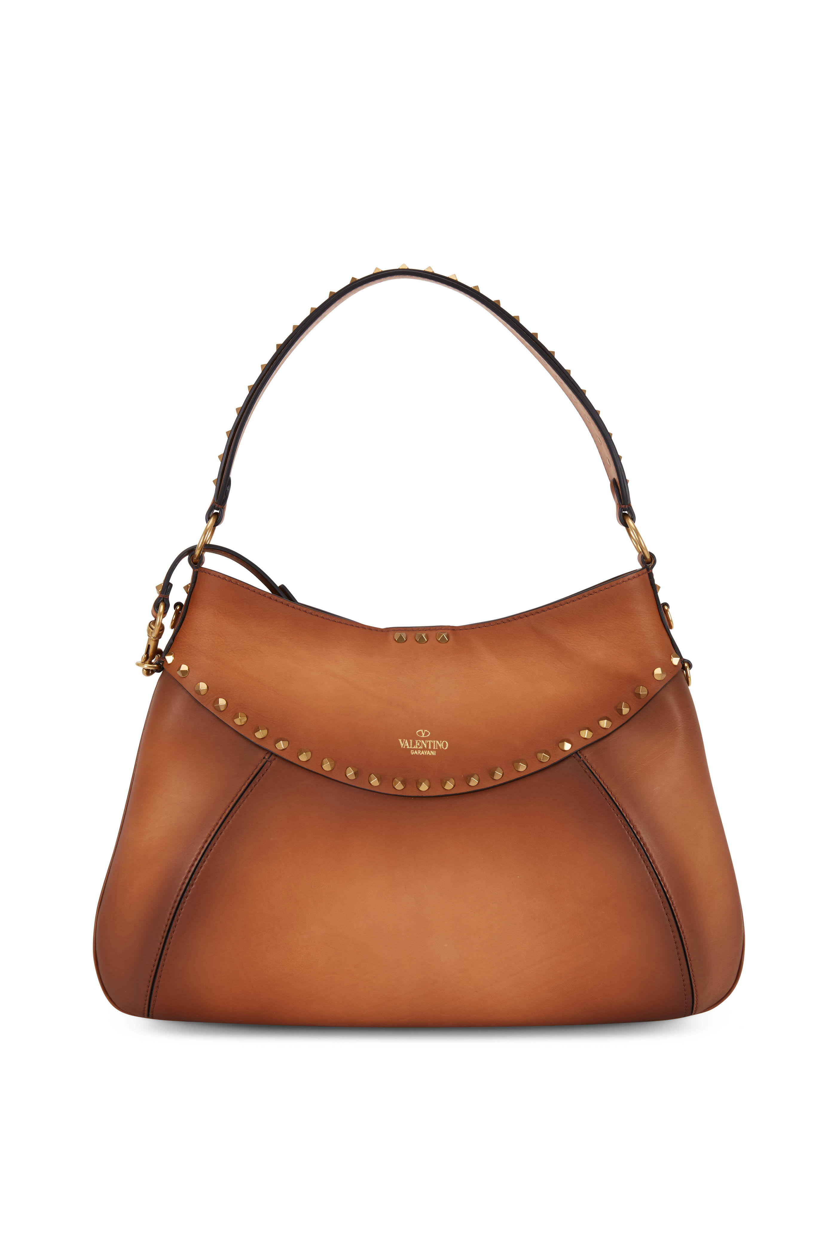 Valentino Garavani Twinkle Studs Cognac Leather Medium Hobo Bag