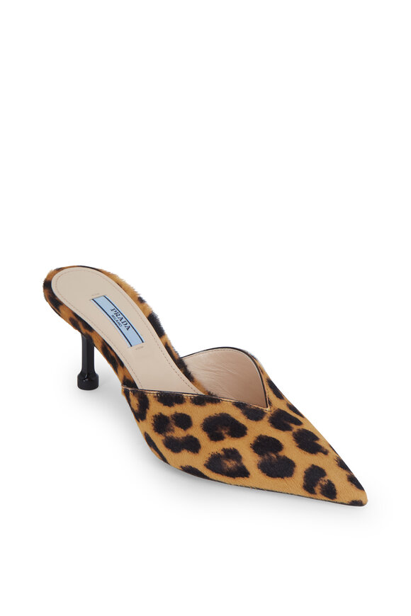 サンダル・ミュール PRADA Printed Calf Hair Slippers Prada Leopard Print Calf Hair Smoking Slippers Brown Size