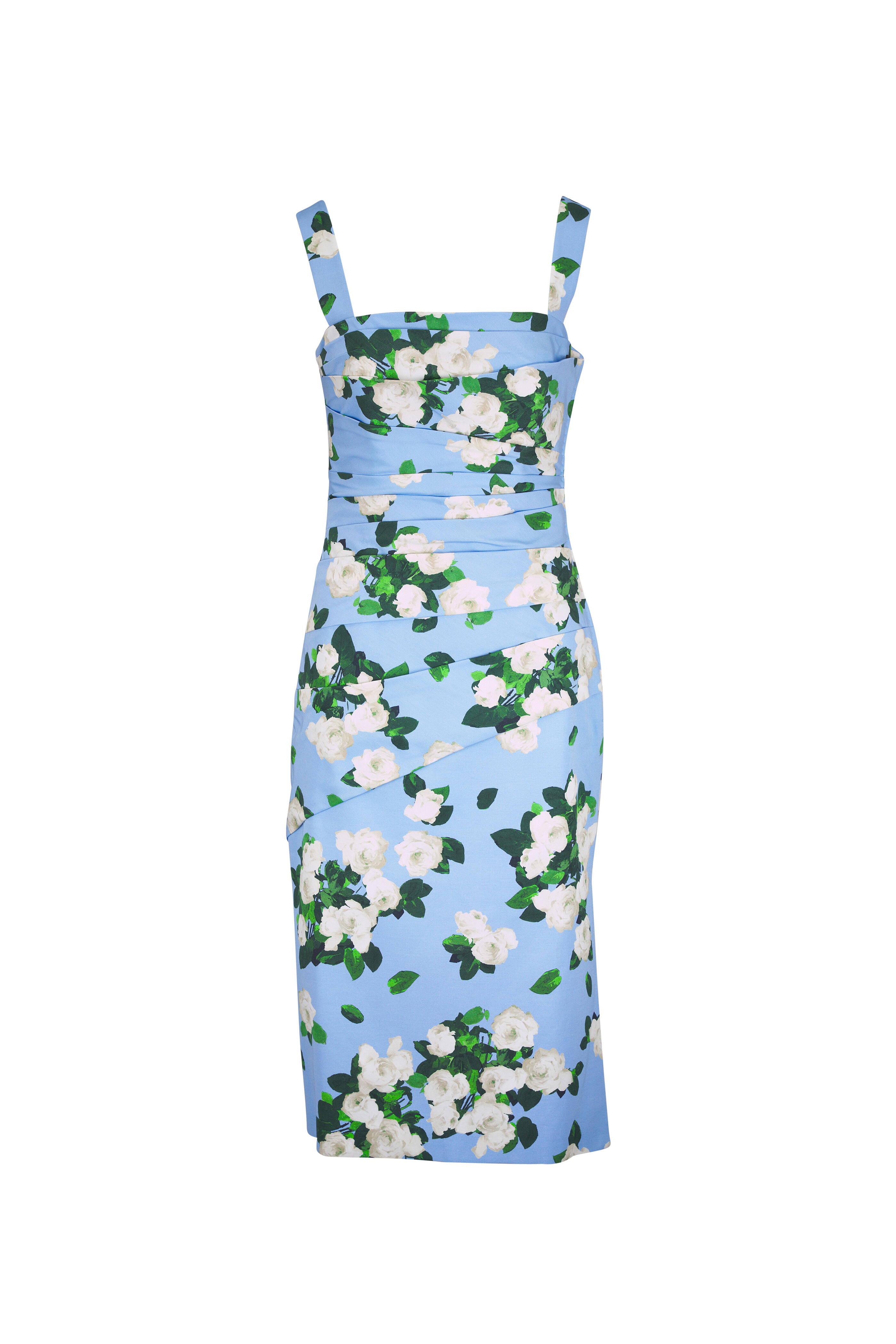Carolina Herrera - Cloud Blue & White Rose Print Draped Midi Dress