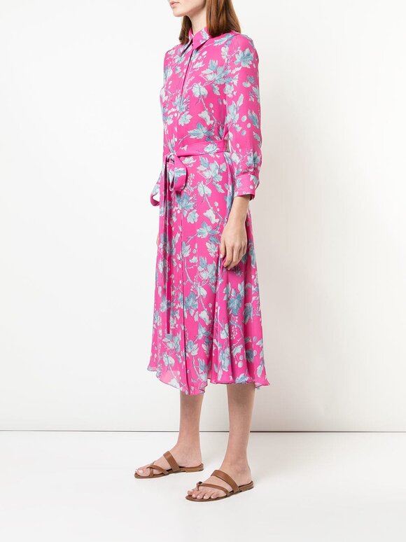 Carolina Herrera - Pink & Blue Floral Printed Belted Shirtdress 