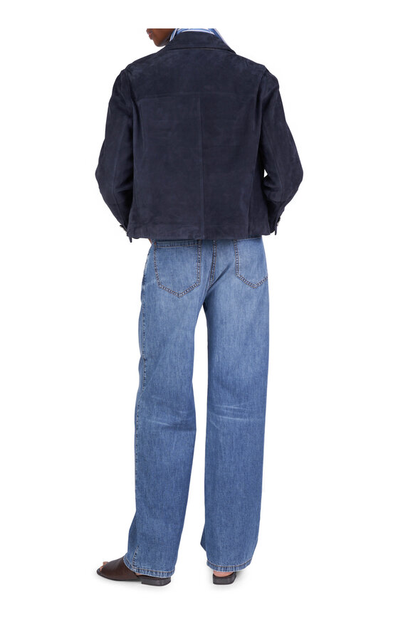 Brunello Cucinelli Navy Blue Suede Double Breasted Jacket - view 4