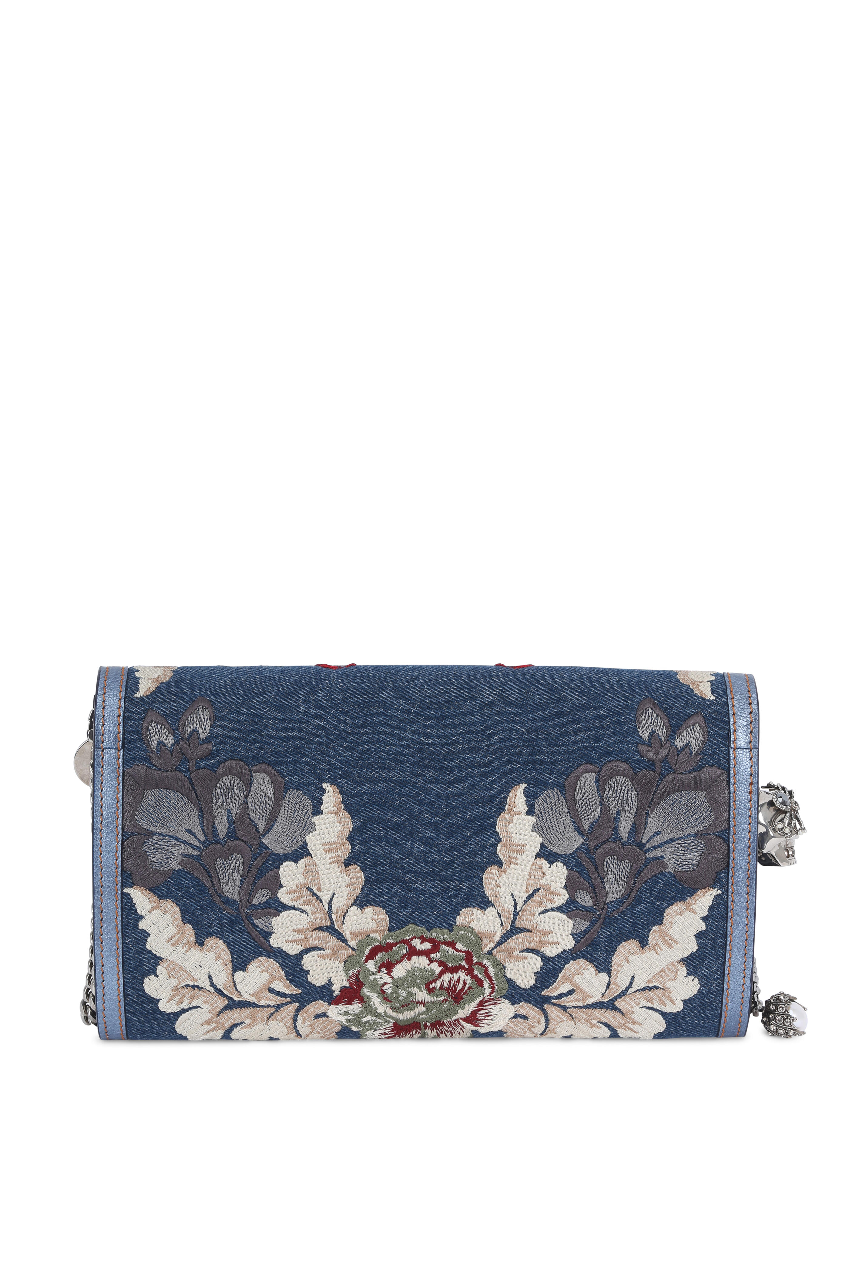 Alexander McQueen - Denim Blue Floral Embroidered Chain Wallet